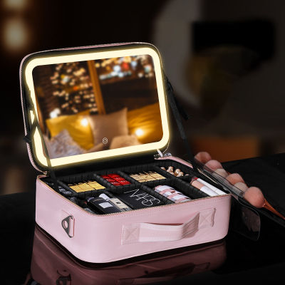 Compact Vanity Case Portable Cosmetics Case Makeup Train Case Cosmetic Travel Case Adjustable Brightness LED Mirror
