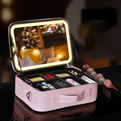 Dividers For Makeup Storage Professional Makeup Organizer Makeup Train Case Adjustable Brightness LED Mirror Cosmetic Travel Case