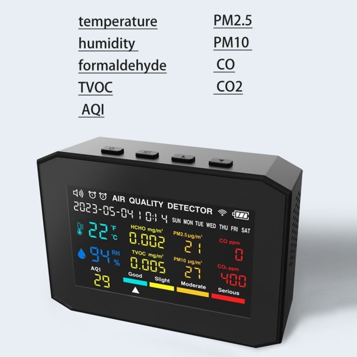 เครื่องตรวจจับมีเตอร์วัดคุณภาพอากาศแบบ9-in-1-เครื่องวัดความชื้นแสดงเวลา-วันที่มีนาฬิกาปลุก-co2มิเตอร์แบบพกพาเครื่องตรวจจับคาร์บอนไดออกไซด์เม็ด-pm2-5-pm10ร่วม-co2-hcho-aqi-พร้อมฟังก์ชั่นปลุกสำหรับรถสำน