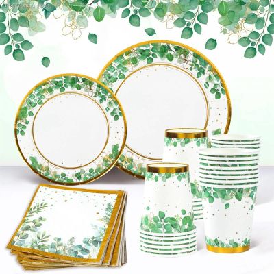 ♕ஐ▬ Green Disposable Tableware Sage Green Paper Plates Cups Wedding Birthday Party Supplies Jungle Birthday Decorations Baby Shower