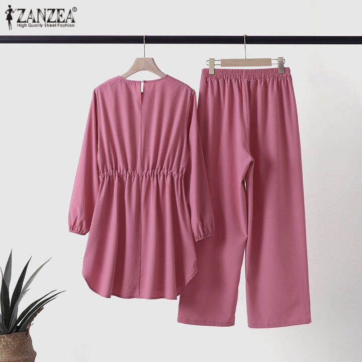 momonaco-zanzea-muslimah-womens-muslim-ismaic-outfits-puff-long-sleeve-a-line-blouse-elastic-wist-pants-suit-2pcs