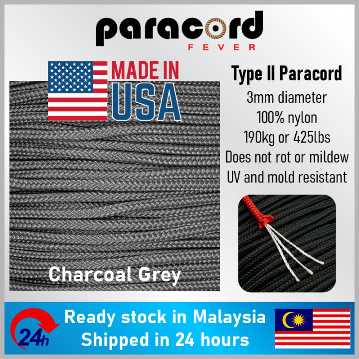 Made in USA - 3mm Type II 425 Tali Paracord Rope Parachute Cord - Charcoal  Grey