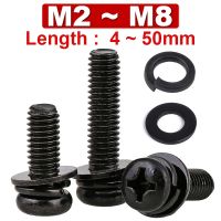 M2 M3 M4 M5 M6M8 Black Zinc Plated Phillips Round Head Screws with Flat Washers Spring Washers Pan Head Screws Three Combination