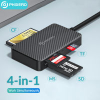 PHIXERO USB 3.0 USB C Card Reader 4 In 1 Memory Smart Card Reader SD TF CF MS Compact Flash Card Adapter 15ซม. สำหรับแล็ปท็อป