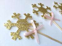 Gold Glitter Snowflake Cupcake Toppers with Pink Bow. Winter Wonderland Party. Cupcake Decor. Birthday wedding party cake topper