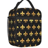 ▣✧ Royal Gold Black Marble Fleur De Lis Insulated Lunch Bag Waterproof Lily Floral Thermal Cooler Bento Box Kids School Children