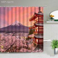 กันน้ำด้วยก้าน Cenário Japonês Tema Cortinas De Chuveiro Torre Japão Monte Fuji Paisagem Flor Cereira Cortina Do Banheiro Conjunto Decoração Pano