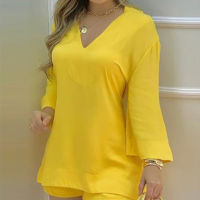 2021 Summer Two Piece Womens Set V-neck Flare Long Sleeve Top Shorts Female Sets Loose Casual Fashion Streetwear Ladies Suits