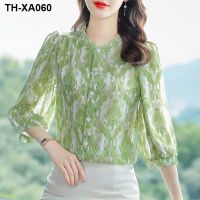 Floral chiffon womens three-quarter sleeve 2022 summer new loose thin belly top large size