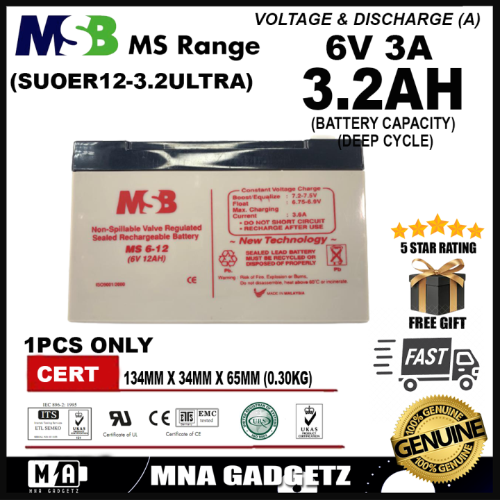 MSB BATTERY 6V 3.2 AH 3.2ah 38.4Wh Solar Deep Cycle Rechargeable ...