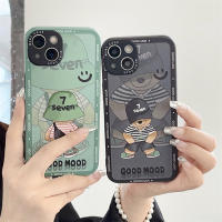 การ์ตูนน่ารักแฟชั่นลายหมีหมวกสีเขียวสีดำสำหรับ IPhone 15 14 13 12 11 Pro Max สำหรับเคสโทรศัพท์ความคิดสร้างสรรค์