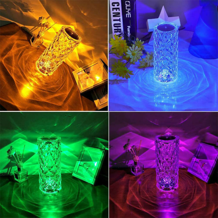 โคมไฟโต๊ะคริสตัล-led-รูปกุหลาบติดเพชรควบคุมด้วยระบบสัมผัสหรี่แสงได้3สีไฟสำหรับบ้านตกแต่งบาร์ข้างเตียง