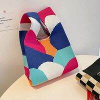 2023 South Korea Dongdaemun New Internet Celebrity Color Matching Bag Woolen Knitted Walking Handle Casual Bucket Tote Bag