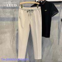 Top LUUD Summer Drape Small Straight Casual Pants Mens Simple 9 Nine Points Solid Color Pants Non-Ironing Trendy Lace-Up Trousers YY ┅๑□