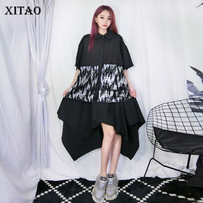 XITAO Dress Patchwork Black Irregular Tassel Collar Shirt Dress
