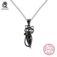 ORSA JEWELS Original Design Real 925 Sterling Silver Pendant Cute Cat Black Enamel Craft Women Necklaces Gift Jewelry SN99