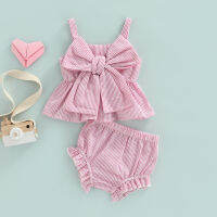 【Beautywoo】ชุดเด็กผู้หญิงฤดูร้อนชุดสีชมพูแขนกุด Bowknot Camisole + Ruffle Striped PP กางเกงขาสั้น