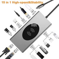 15 In 1 USB C Hub Adapter USB-C Docking Station with 4K HDMI,VGA,RJ45,Wireless Charger,100W PD,SD/TF for MacBook Pro Huawei Mate