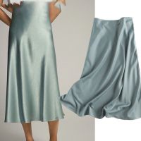 Withered Summer 2021 Midi Skirts Womens England Office Lady Satin High Waist Simple Elegant Long Skirt Women