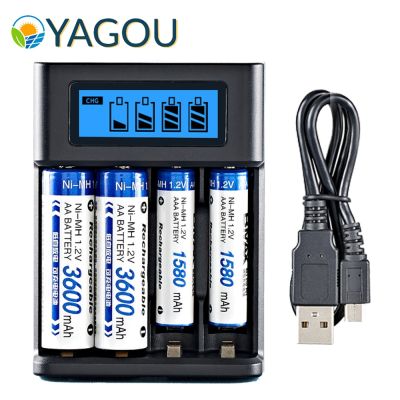 YAGOU LCD Battery Charger Black LCD Display Indicator USB 5V 2A Fast Charge 4 Slots Charger for 1.2V AA AAA Rechargeable Battery