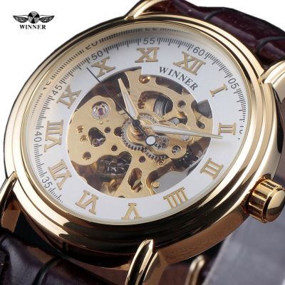 New Winner Watch Roman Dial Skeleton Hollow Fashion Mechanical Automatic Watches Men Luxury Business Leather Strap Wristwatch