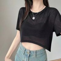 Womens Ice Silk Knit Blouse Women Outside Half Short-sleeved T-shirt Loose Sun Protection Air-conditioning Shirt Design Sense Black Top