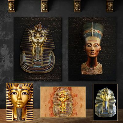 NewPharaoh King & Queen โปสเตอร์ Gods Nefertiti Tutankhamun รูปปั้นอียิปต์โบราณ Hieroglyph ผ้าใบพิมพ์ Wall Art Home Decor ภาพวาด