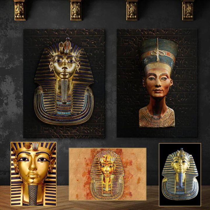 newpharaoh-king-amp-queen-โปสเตอร์-gods-nefertiti-tutankhamun-รูปปั้นอียิปต์โบราณ-hieroglyph-ผ้าใบพิมพ์-wall-art-home-decor-ภาพวาด