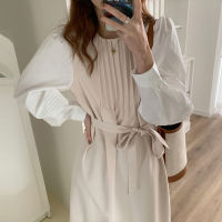 Korejepo Lantern Sleeve Dress Spring and Autumn 2021 New Temperament Round Neck Contrast Stitching Pleated Lace Up Waist Dresses