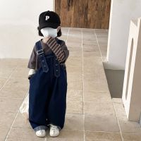 7004 Korean Kids Jeans Boys and Girls Strap Denim Pants Autumn Loose Wide Leg Jeans for Children Overalls