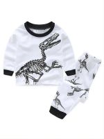 2pcs Boys Casual Crew Neck Dinosaur Print Pajama Sets Kids Clothes