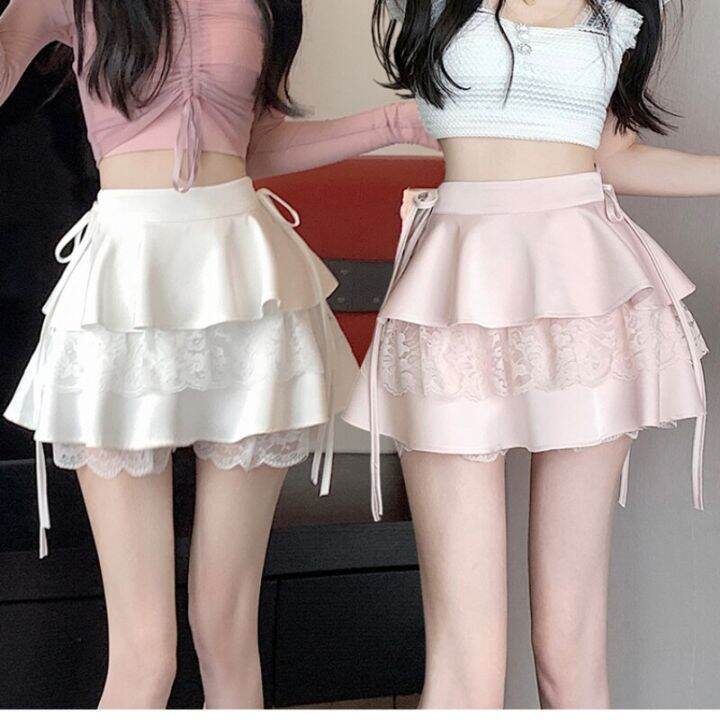 rok-mini-ลูกไม้เอวสูงสำหรับผู้หญิง-กางเกงขาสั้นกระโปรงราตรีเอวสูงกระโปรงคาวาอี้ดีไซน์สวยหวานสำหรับฤดูใบไม้ผลิ