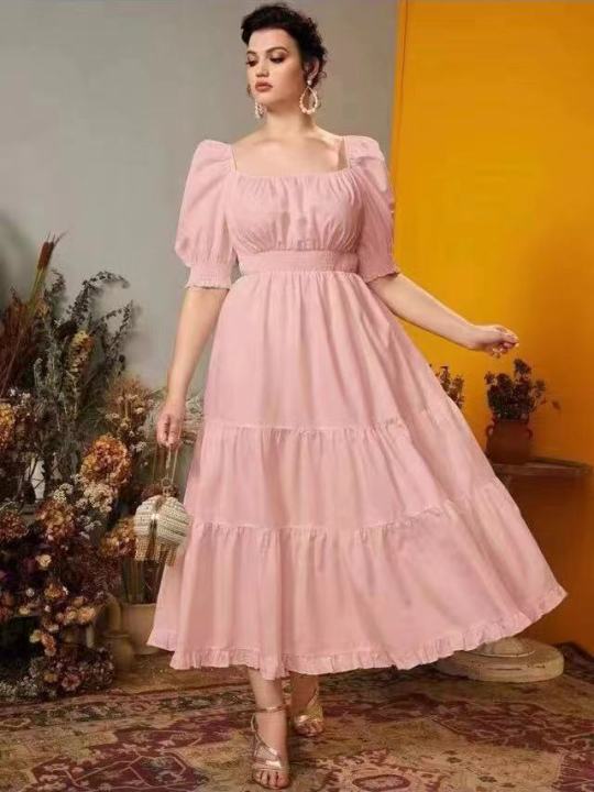 Women Casual Formal Plus Size Dress Puff Sleeve Square Neck Maxi Plain Pink  Green White Plain Dress For Women Long Dresses | Lazada Ph