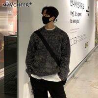 MAYCHEER   เสื้อสเวตเตอร์วินเทจสำหรับผู้ชาย,Atasan Bahan Rajut ลำลองทรงหลวมสำหรับฤดูหนาว