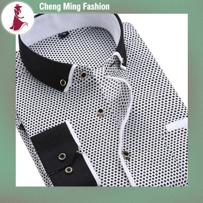 Cheng Ming เสื้อยืดแขนยาวสำหรับผู้ชาย,คาร์ดิแกนมีปกเข้ารูปพอดีเสื้อผ้าลายจุดลำลอง