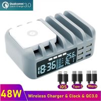 【 A Hot 】48W Multi 6 Port LCD USB Charger Station สำหรับ Iphone 12 11 XS Quick Charge 3.0 Fast Qi Wireless Charger สำหรับ Samsung S10 S9 Xiaomi