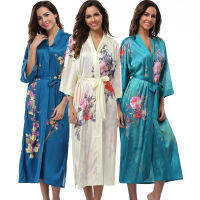 Women Long Satin Kimono Robe Lightweight Floral Autumn Winter Housecoat for Ladies Short Sleeve Bathrobe Loungewear Silk Kimono