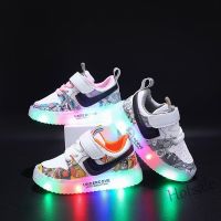 【hot sale】 ❀✒ C19 Small and Medium-sized Childrens Shoes Light-up Shoes Leather Surface Light-emitting Female Baby Princess Sneakers