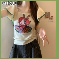 Anruo เสื้อปักลายกระต่าย Fang Ling,เสื้อยืดแขนสั้นผ้าไอซ์ซิลค์ถักลายกระต่ายใส่ในฤดูร้อน