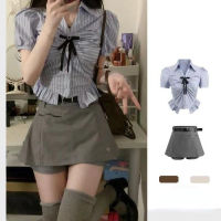 Spot parcel post Preppy Style Bow Summer Hot Girl Pure Desire Slim Short Shirt Two-Piece High Waist Skirt Fashion Suit