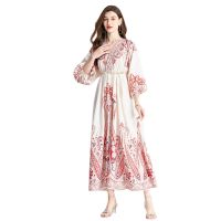 Womens Dress Vacation Style V-neck Lantern Sleeve Waist-Tight Temperament Long Dress Retro Romantic Maxi Dress