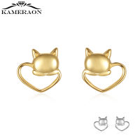 Genuine 925 Sterling Silver Small Cute Cat Lovely Heart Hollow Out Design Stud Earrings for Women Fine Jewelry Gift Making