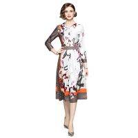 Women Dress Spot Real  Elegant Long Sleeve  Vintage Printed Midi Dress