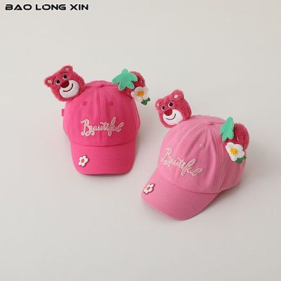 BAOLONGXIN หมวกเบสบอลของเด็กหมีสตรอเบอร์รี่กุหลาบน่ารักสีชมพูหวานหมวกเบสบอล