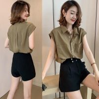 COD dhdfxcz Womens Sleeveless Blouses Korean Style Solid Color Lapel Shirts Summer Casual Turn-down Collar Blouses Without Sleeve Pure Color Vest With Buttons Daily Wear For Work Women Chiffon Blouses