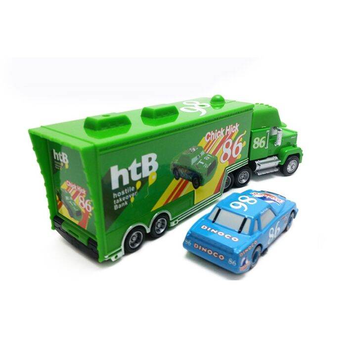 1-55-disney-cars-2-chick-hick-and-htb-dinoco-no-86-car-model-hostile-takeover-bank-mack-truck-combination-for-children-toys