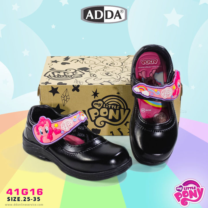 adda-รุ่น-41c16-รองเท้านักเรียนเด็กผู้หญิงมีไฟกระพริบ-รองเท้าหนังสีดำลายโพนี่-รองเท้านักเรียนแบบแปะ-ลายน่ารัก-รองเท้าลายโพนี่
