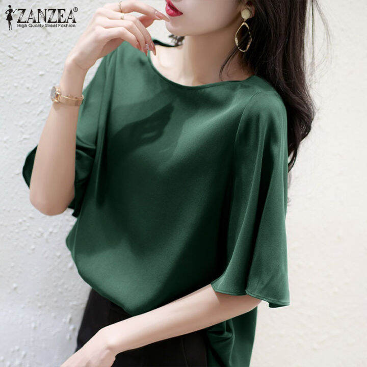 เคลียร์สต๊อกขาย-จัดส่งฟรี-fancystyle-zanzea-ผู้หญิงสไตล์เกาหลีแขนสั้นเสื้อซาตินเนียนเสื้อยืดท็อปส์สำนักงานธุรกิจเสื้ออย่างเป็นทางการ-11