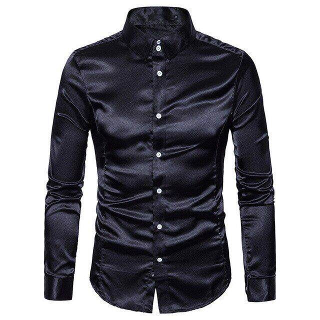 2023 Men'S Silk Shirt Long Sleeve Lapel Single Breasted Black Gold