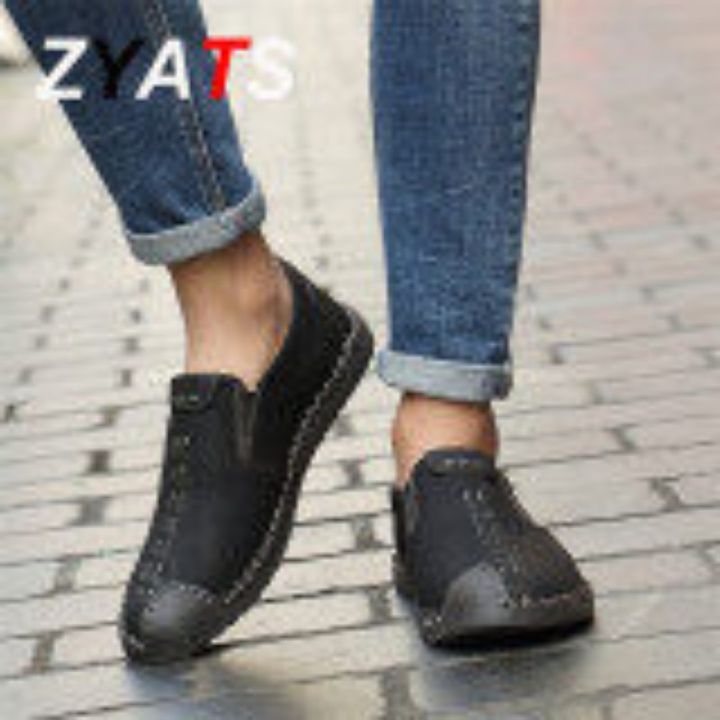 zyats-รองเท้าส้นเตี้ยผู้ชายหนังรองเท้าหนังนิ่มรองเท้าโลฟเฟอร์ลำลองรองเท้าสลิปออนขนาดใหญ่38-46สีดำ
